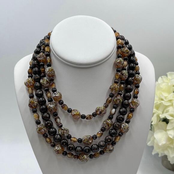 Brown Black Vintage Multi Strand Glass Lucite Rhinestone Clasp Layered Necklace - Picture 1 of 8